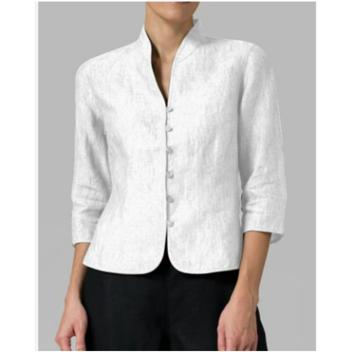 "Elegante Chambray Damenbluse mit Stehkragen, blauen Knöpfen und Dreiviertelärmeln, ideal für jeden Anlass."