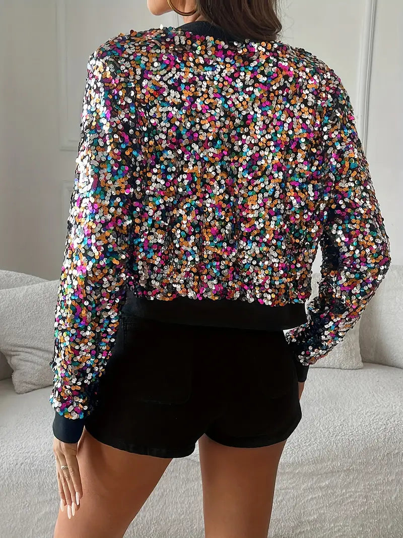 "Elegante Damen-Bomberjacke mit glanzvollen Pailletten, gepunktetes Design, V-Ausschnitt mit Reißverschluss, stilvoll & lässi