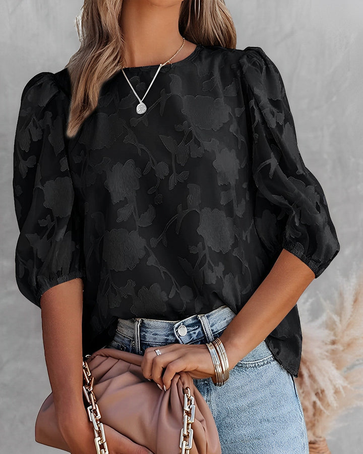 Elegante Damen Chiffonbluse mit Puffärmeln in Weiß, leichter Stoff, ideal für halb-formale und lässige Anlässe.