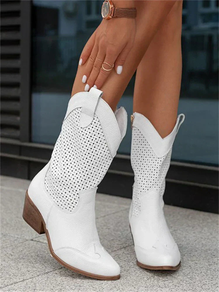 Elegante Damen-Cowboy-Stiefel mit Reißverschluss, atmungsaktiv, in Weiß, Schwarz, Khaki oder Braun für stilvolle Outfits.