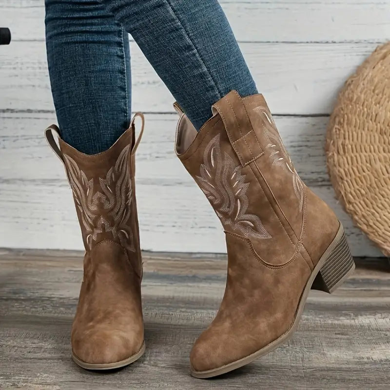 Elegante Damen Cowgirl Stiefel mit Absatz, Western-Flair, braunes Leder, bequeme Passform, vielseitiger Stil für jede Gelegen