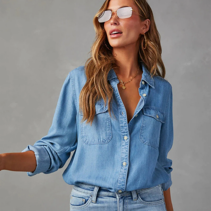"Elegante Damen Jeansbluse aus 100% Baumwolle mit Perlmuttknöpfen, weiches Denim, klassisch-moderner Stil, vielseitig kombini