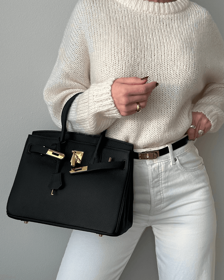 "Elegante Damen Lederhandtasche in Schwarz mit abnehmbarem Schulterriemen, ideal für stilbewusste Frauen."