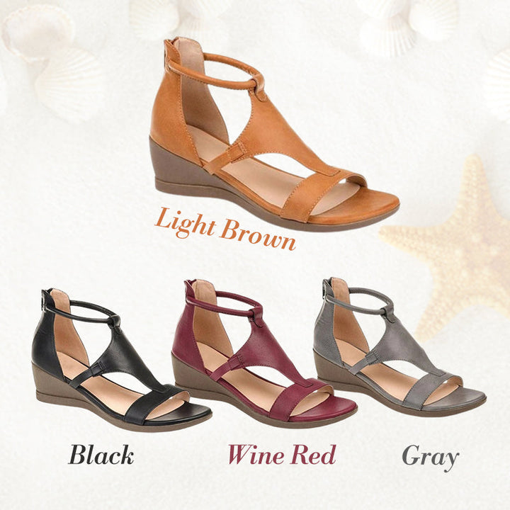 Elegante Damen Ledersandalen in Römisch inspiriertem Design mit Keilabsatz, offene Zehen, in vielseitigen Farben erhältlich.