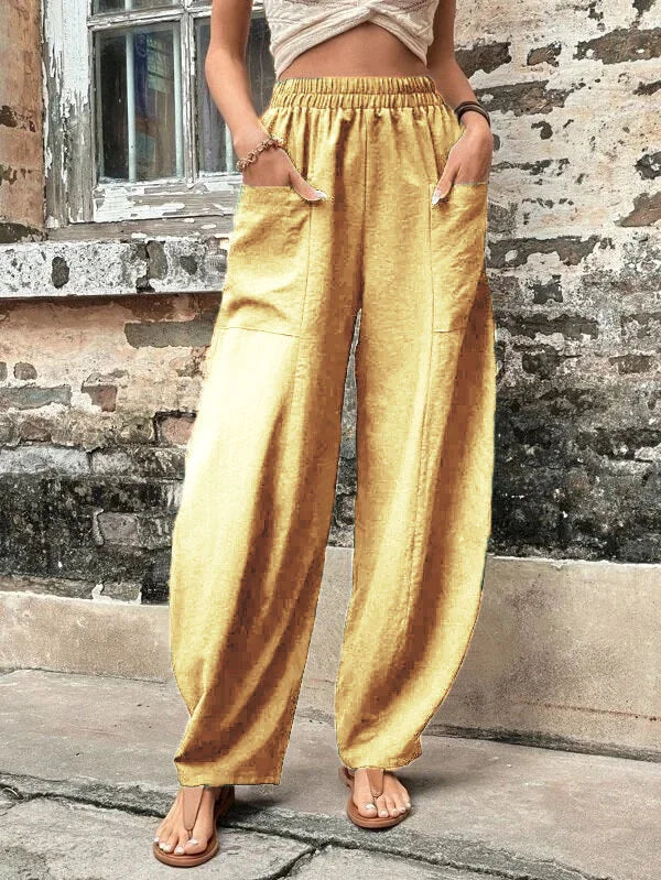 Elegante Damen Leinenhosen, aus hochwertigem Leinenstoff, in lockerer Passform mit elastischem Bund und praktischen Taschen.