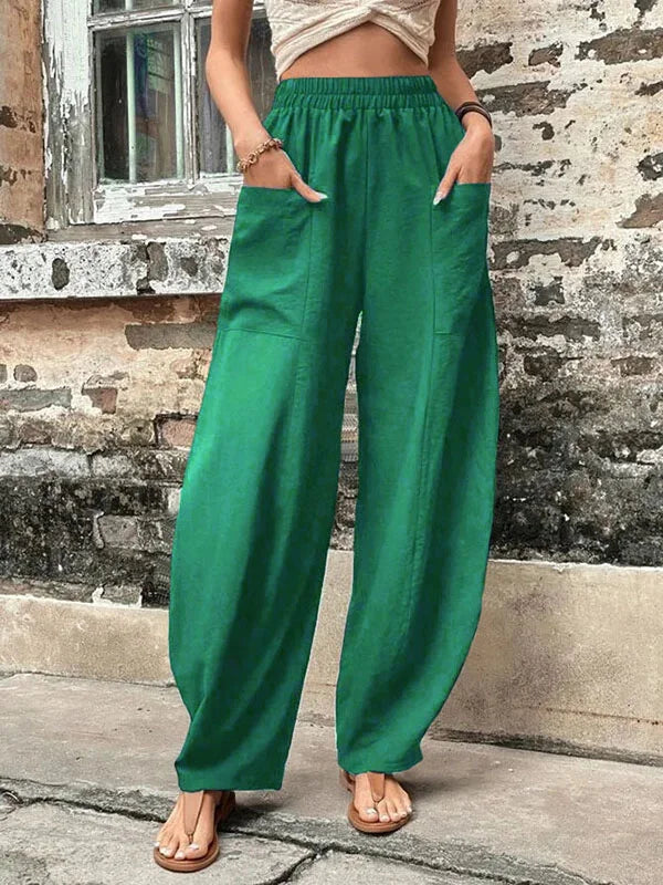 Elegante Damen Leinenhosen, aus hochwertigem Leinenstoff, in lockerer Passform mit elastischem Bund und praktischen Taschen.