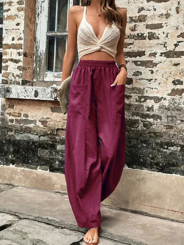 Elegante Damen Leinenhosen, aus hochwertigem Leinenstoff, in lockerer Passform mit elastischem Bund und praktischen Taschen.