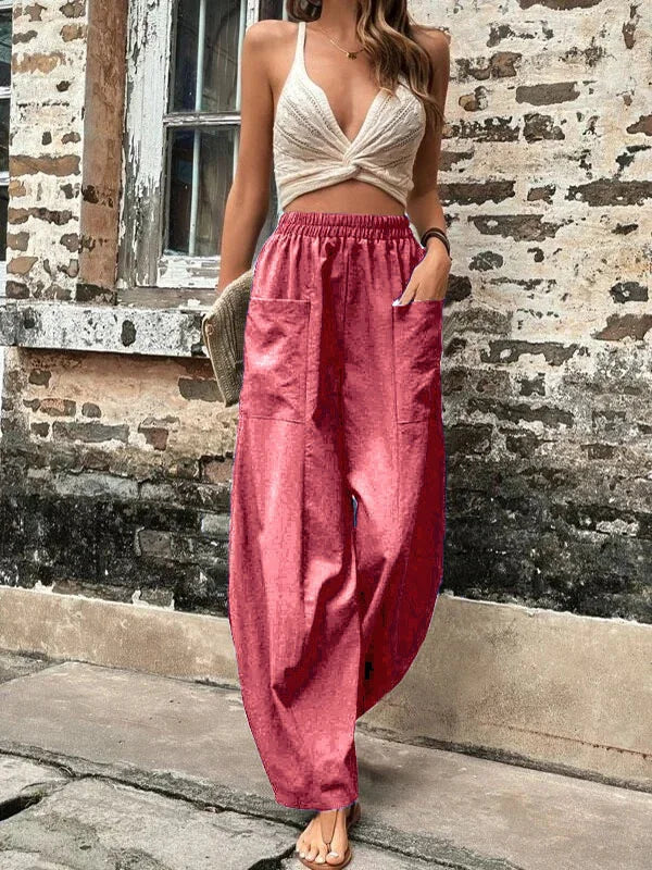 Elegante Damen Leinenhosen, aus hochwertigem Leinenstoff, in lockerer Passform mit elastischem Bund und praktischen Taschen.