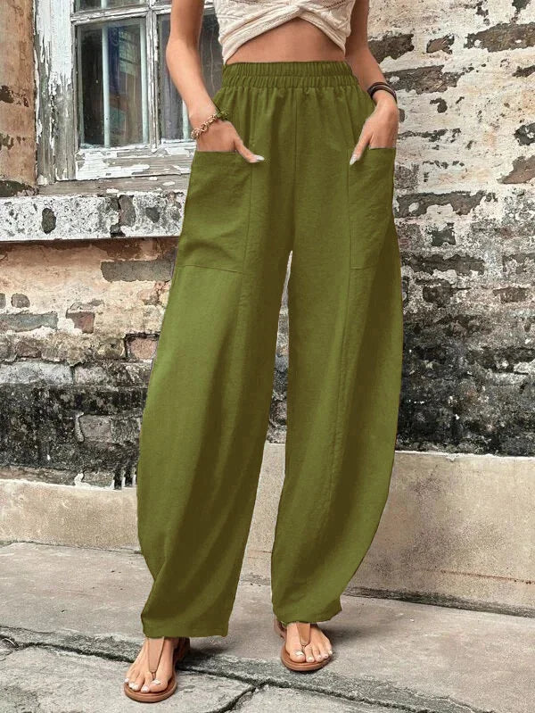Elegante Damen Leinenhosen, aus hochwertigem Leinenstoff, in lockerer Passform mit elastischem Bund und praktischen Taschen.