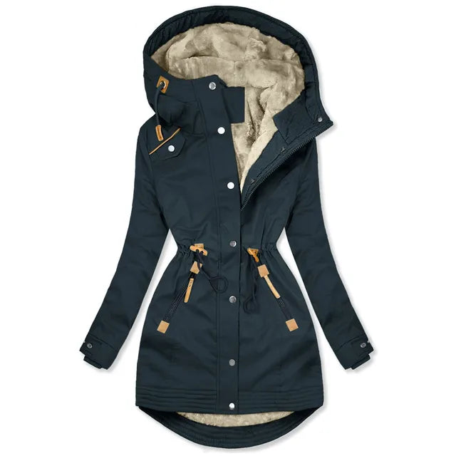 "Elegante Damen Parkajacke in Marineblau, wetterfest und warm, ideal für kalte Tage mit verstellbarer Taillenkordel."