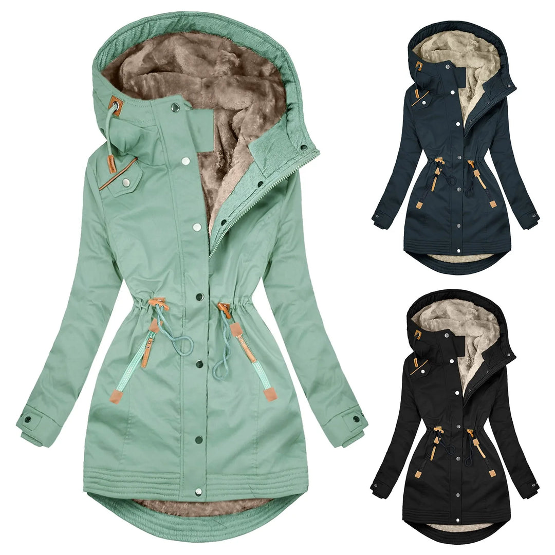 "Elegante Damen Parkajacke in Marineblau, wetterfest und warm, ideal für kalte Tage mit verstellbarer Taillenkordel."