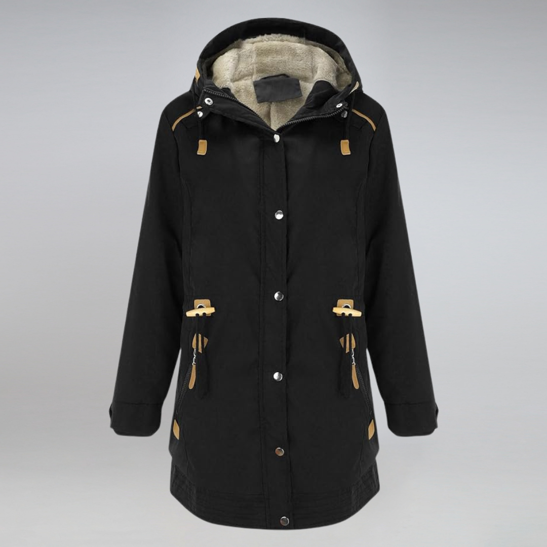 "Elegante Damen Parkajacke in Marineblau, wetterfest und warm, ideal für kalte Tage mit verstellbarer Taillenkordel."