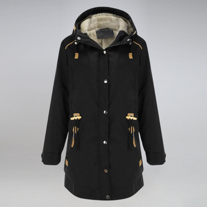 "Elegante Damen Parkajacke in Marineblau, wetterfest und warm, ideal für kalte Tage mit verstellbarer Taillenkordel."