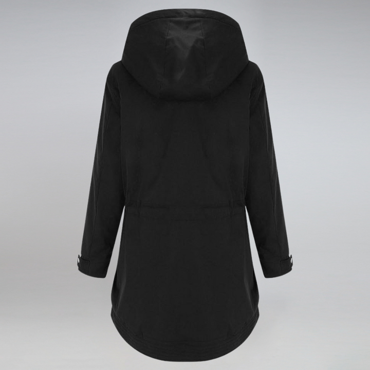 "Elegante Damen Parkajacke in Marineblau, wetterfest und warm, ideal für kalte Tage mit verstellbarer Taillenkordel."
