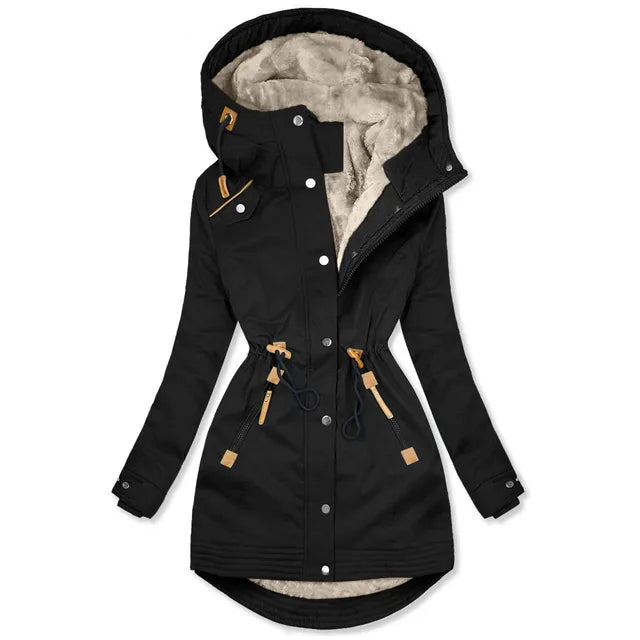 "Elegante Damen Parkajacke in Marineblau, wetterfest und warm, ideal für kalte Tage mit verstellbarer Taillenkordel."