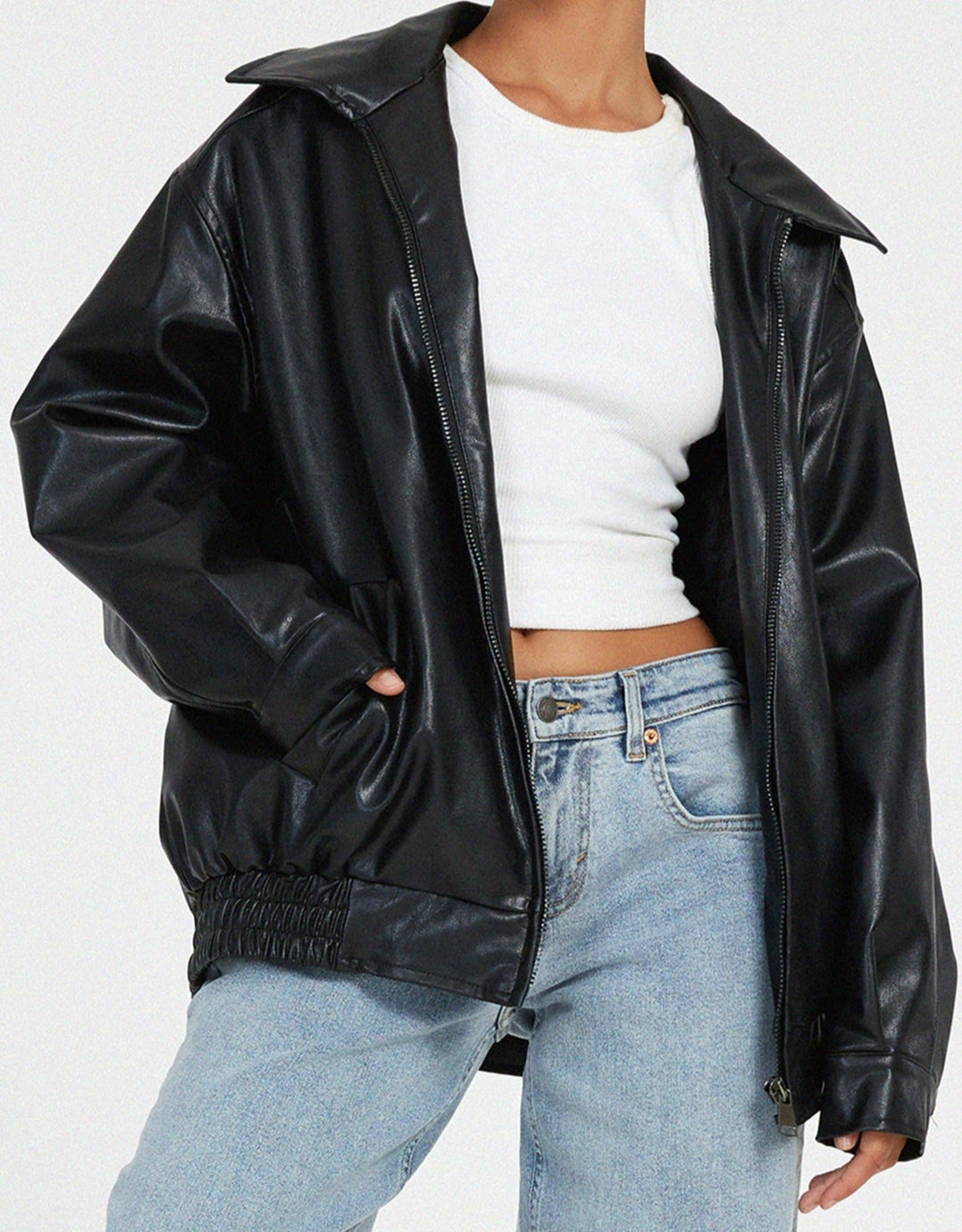 Elegante Damen-PU-Lederjacke, locker geschnitten, weiches Leder, modisch für Tages- und Abend-Outfits, vielseitig.