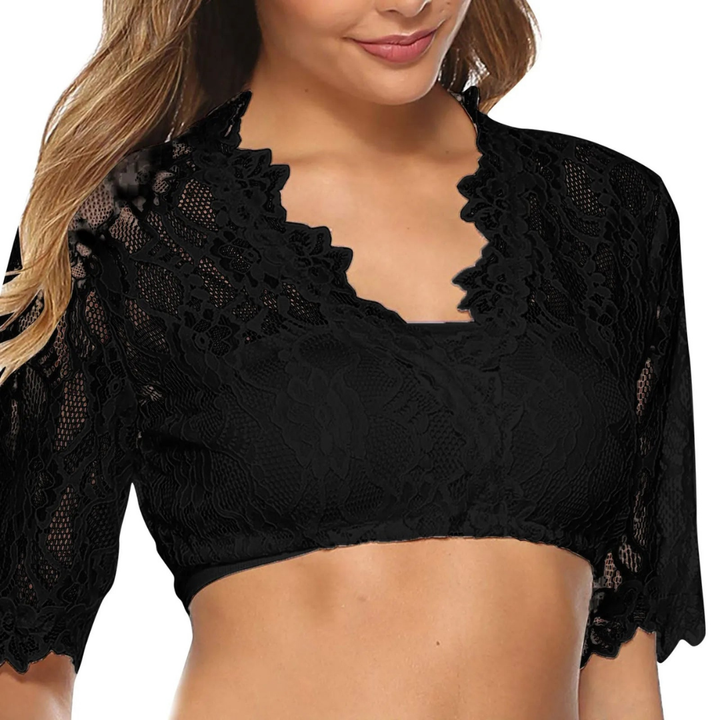 "Elegante Damen Trachtenbluse mit feiner Spitze und verstellbaren Trägern, ideal für traditionelle und moderne Anlässe."