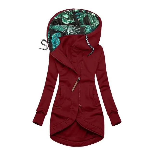 "Elegante Damen Winterjacke, kuscheliges Material, stilvolles Design, mittellang, Kapuze, Schutz vor Kälte, weibliche Mode."