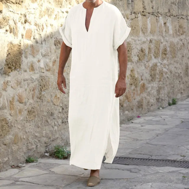 Elegante Djellaba mit V-Ausschnitt, komfortabel, weiß, klassische Passform, ideal für Damen, zeitloser Stil.