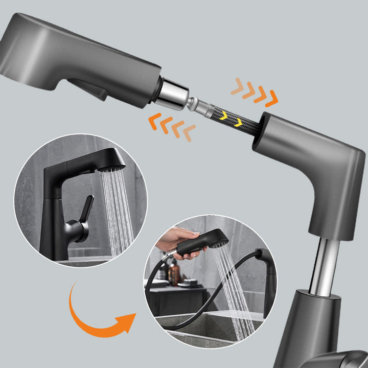 Elegante Einhebel-Waschtischarmatur aus Chrom mit ausziehbarem Sprühkopf, perfekt für moderne Badezimmer.