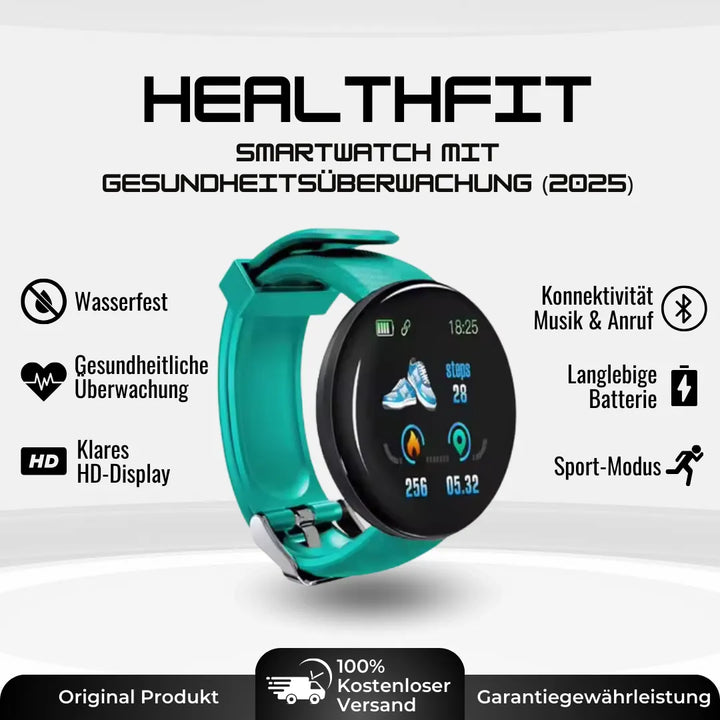 Elegante Gesundheits-Smartwatch mit EKG- und Schlaftracker, robustem Design, rundem Zifferblatt und stilvollem Armband.
