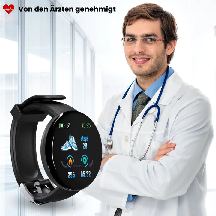 Elegante Gesundheits-Smartwatch mit EKG- und Schlaftracker, robustem Design, rundem Zifferblatt und stilvollem Armband.