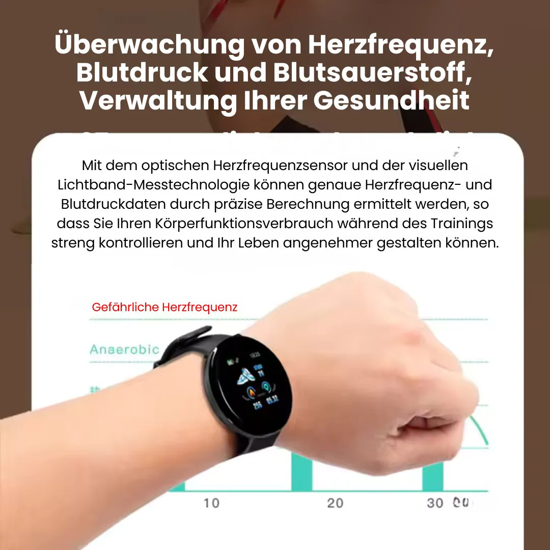 Elegante Gesundheits-Smartwatch mit EKG- und Schlaftracker, robustem Design, rundem Zifferblatt und stilvollem Armband.