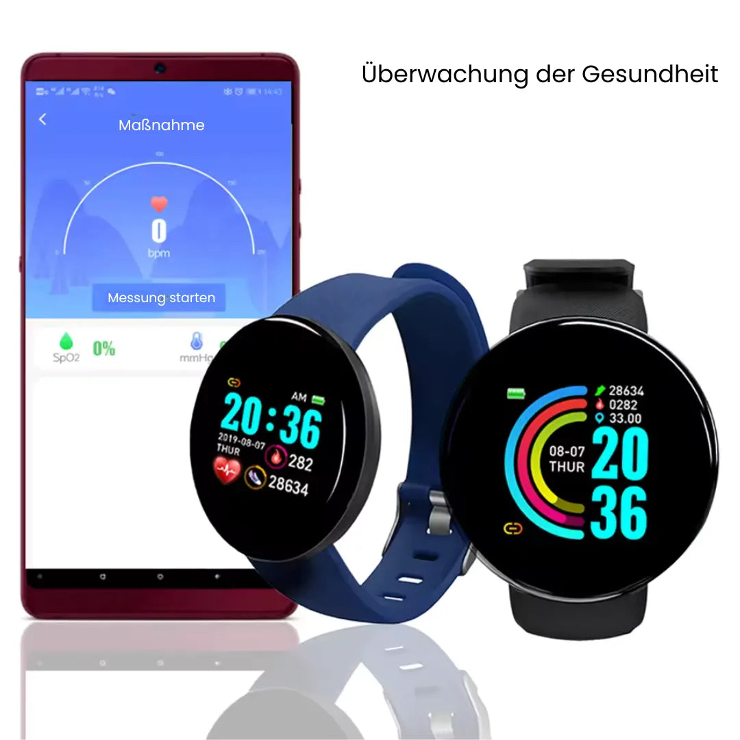 Elegante Gesundheits-Smartwatch mit EKG- und Schlaftracker, robustem Design, rundem Zifferblatt und stilvollem Armband.
