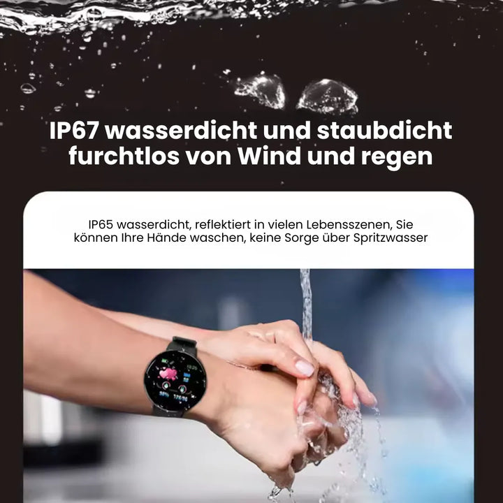 Elegante Gesundheits-Smartwatch mit EKG- und Schlaftracker, robustem Design, rundem Zifferblatt und stilvollem Armband.