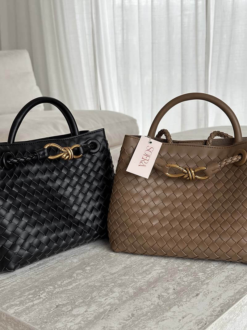 "Elegante gewebte Handtasche mit subtilem Muster, vielseitig für jeden Anlass, komfortabler Griff, stilvolle Eleganz."