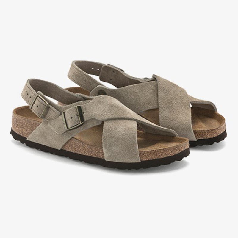 "Elegante graue Wildleder-Kreuzriemen-Sandalen für Damen, ideal für Komfort und Stil bei jedem Anlass."