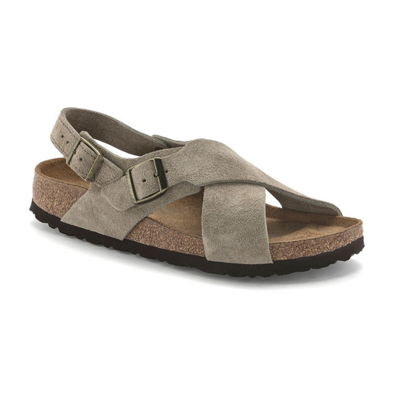 "Elegante graue Wildleder-Kreuzriemen-Sandalen für Damen, ideal für Komfort und Stil bei jedem Anlass."