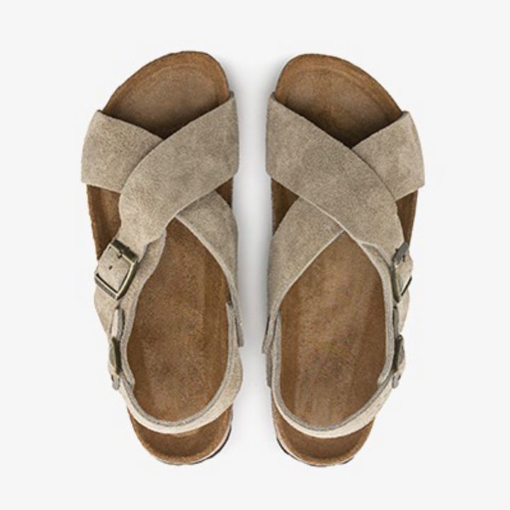 "Elegante graue Wildleder-Kreuzriemen-Sandalen für Damen, ideal für Komfort und Stil bei jedem Anlass."