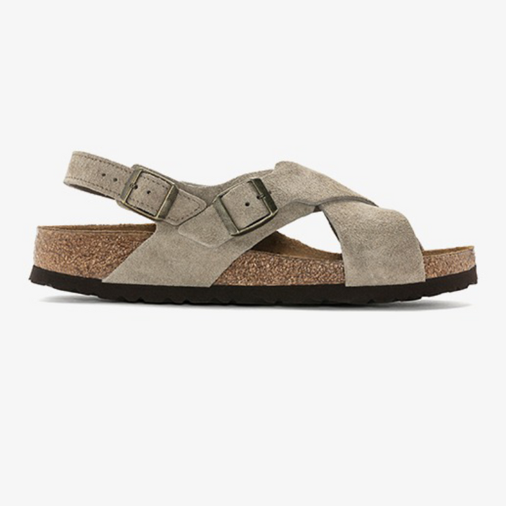"Elegante graue Wildleder-Kreuzriemen-Sandalen für Damen, ideal für Komfort und Stil bei jedem Anlass."