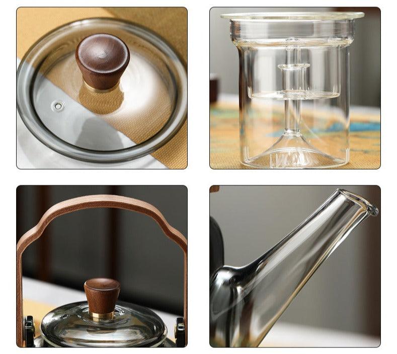 "Elegante Grijzen Teekanne aus Holz und Glas, ideal fürs Teeritual, mit transparentem Rauchglas und natürlichem Holzakzent."