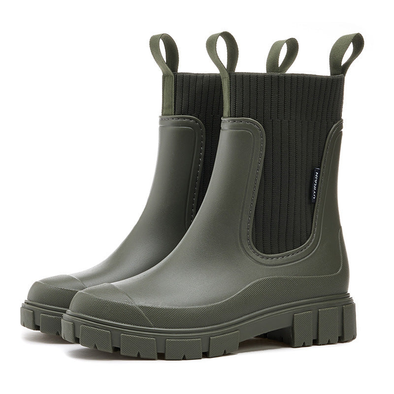 "Elegante Gummistiefel Damen, wasserdichtes Material, rutschfeste Sohle, ideal für Regenwetter, modisch und funktional."