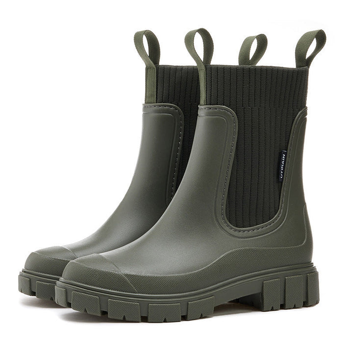 "Elegante Gummistiefel Damen, wasserdichtes Material, rutschfeste Sohle, ideal für Regenwetter, modisch und funktional."