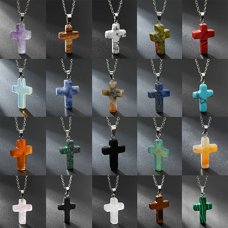 "Elegante Halskette mit Kreuz aus natürlichen Edelsteinen, spiritualer Schmuck symbolisiert Stärke und Schutz."