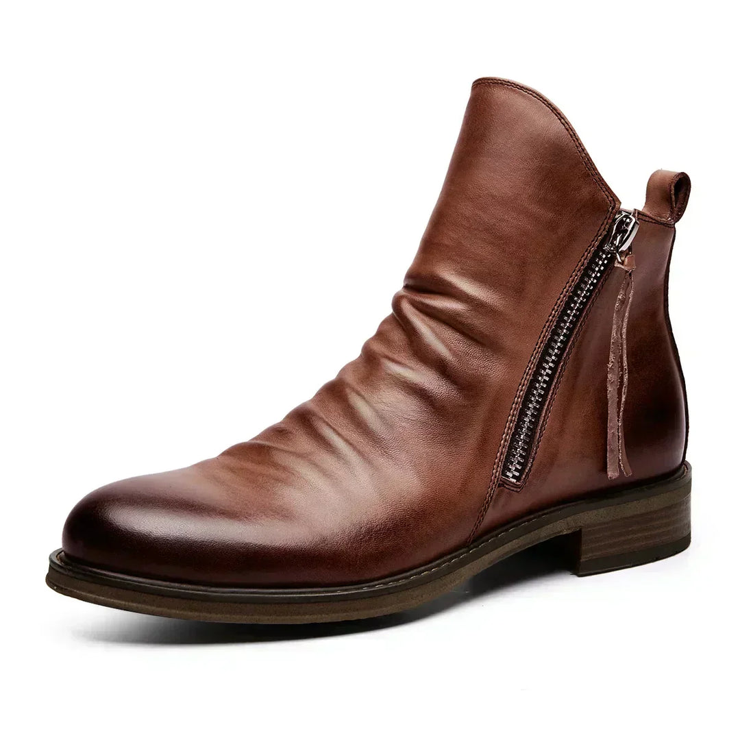 Elegante Herren Chelsea-Stiefel aus braunem und grauem Leder mit Reißverschluss und rutschfester Gummisohle.