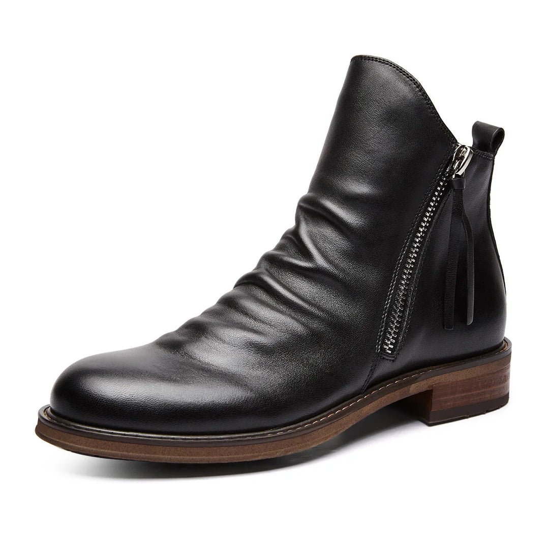Elegante Herren Chelsea-Stiefel aus braunem und grauem Leder mit Reißverschluss und rutschfester Gummisohle.
