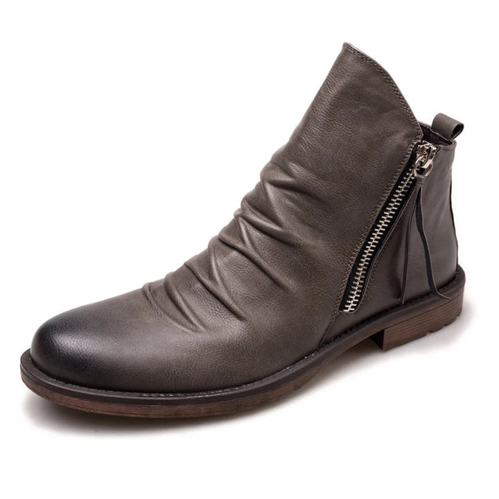 Elegante Herren Chelsea-Stiefel aus braunem und grauem Leder mit Reißverschluss und rutschfester Gummisohle.