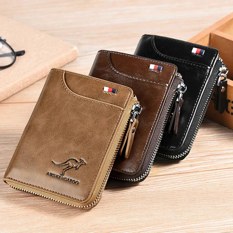 "Elegante Herren-Ledergeldbörse mit RFID-Schutz und Reißverschluss, edles Design in Kaffeebraun, Khaki oder Schwarz."