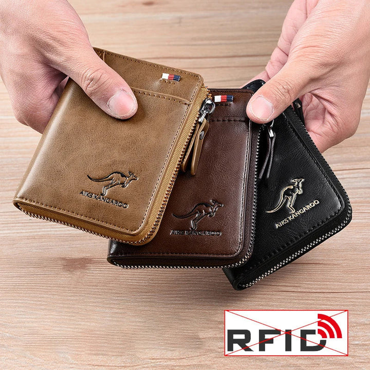 "Elegante Herren-Ledergeldbörse mit RFID-Schutz und Reißverschluss, edles Design in Kaffeebraun, Khaki oder Schwarz."