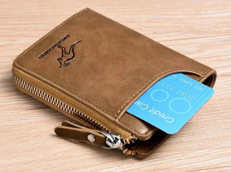 "Elegante Herren-Ledergeldbörse mit RFID-Schutz und Reißverschluss, edles Design in Kaffeebraun, Khaki oder Schwarz."