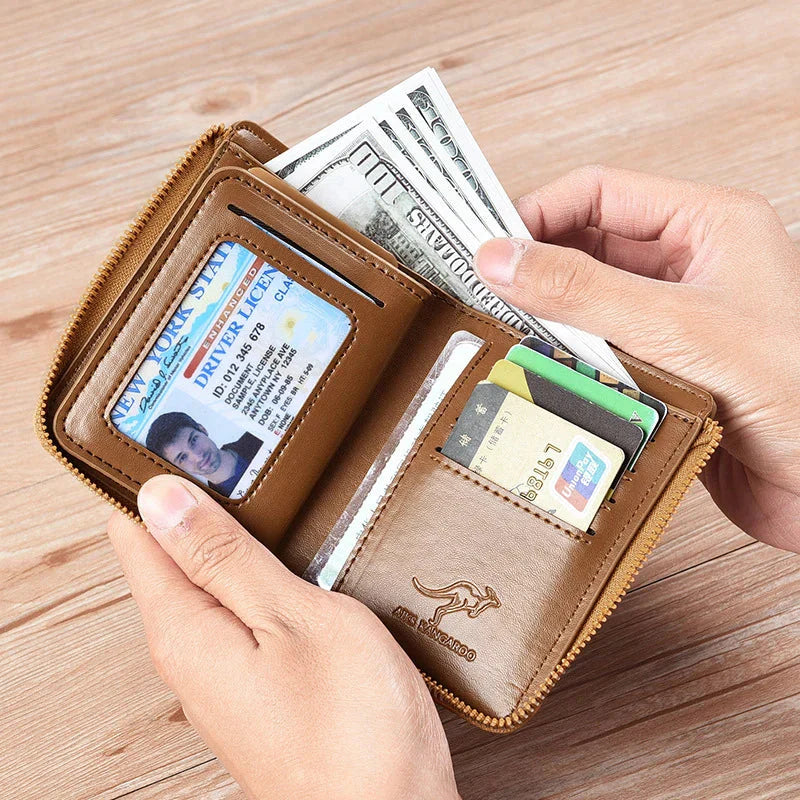 "Elegante Herren-Ledergeldbörse mit RFID-Schutz und Reißverschluss, edles Design in Kaffeebraun, Khaki oder Schwarz."