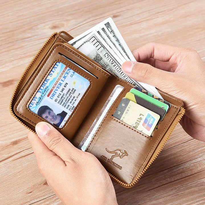 "Elegante Herren-Ledergeldbörse mit RFID-Schutz und Reißverschluss, edles Design in Kaffeebraun, Khaki oder Schwarz."