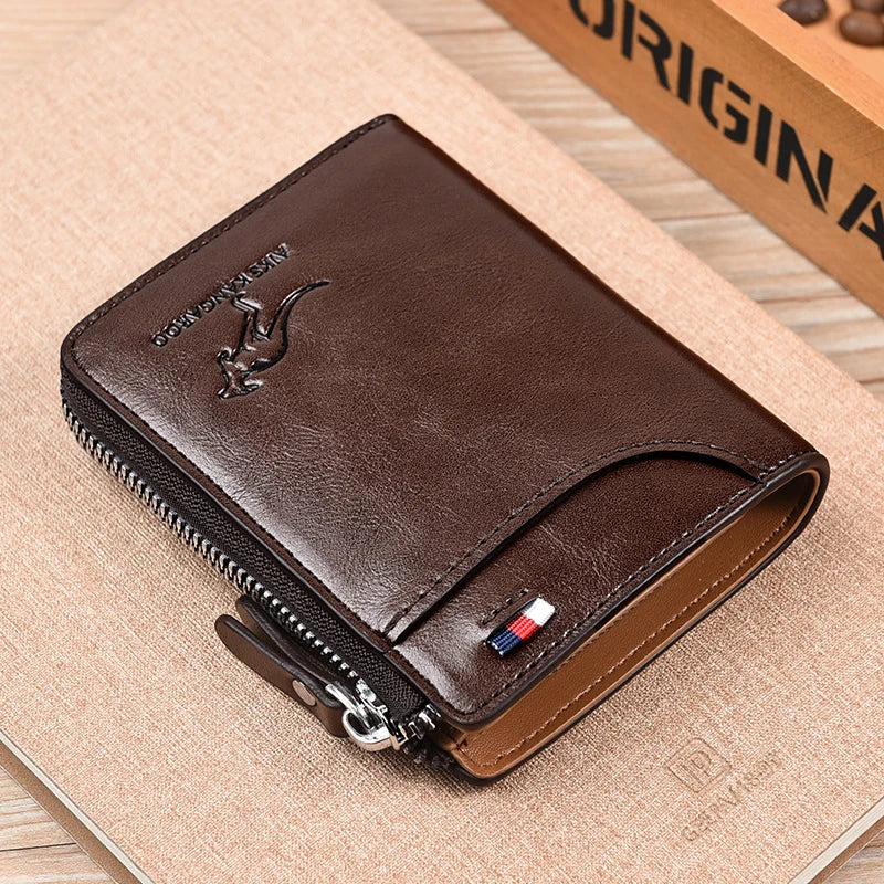 "Elegante Herren-Ledergeldbörse mit RFID-Schutz und Reißverschluss, edles Design in Kaffeebraun, Khaki oder Schwarz."