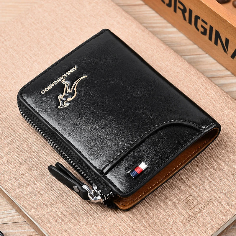 "Elegante Herren-Ledergeldbörse mit RFID-Schutz und Reißverschluss, edles Design in Kaffeebraun, Khaki oder Schwarz."
