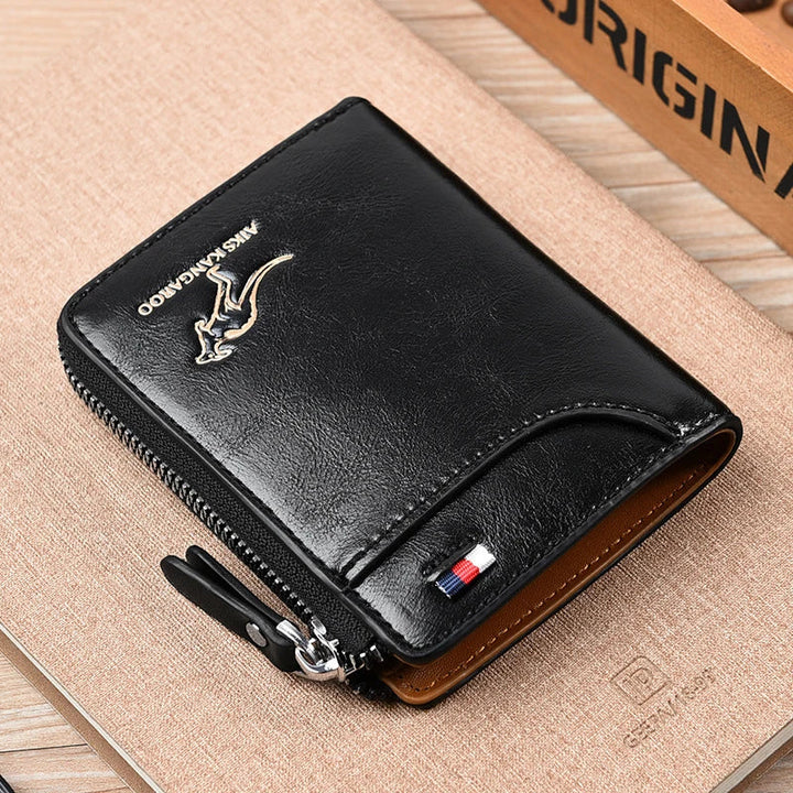 "Elegante Herren-Ledergeldbörse mit RFID-Schutz und Reißverschluss, edles Design in Kaffeebraun, Khaki oder Schwarz."