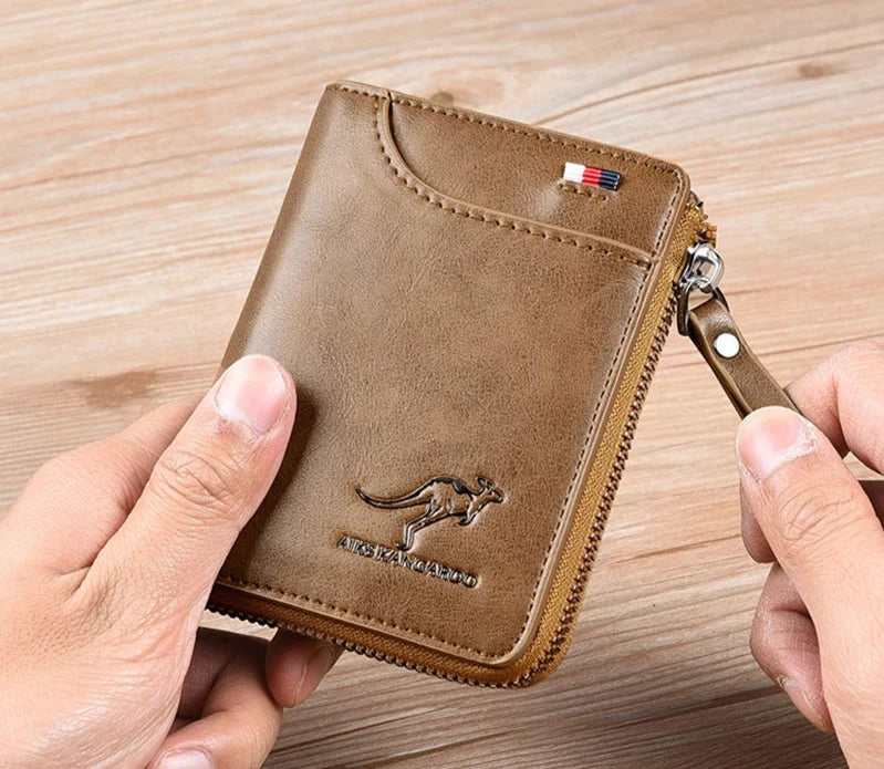 "Elegante Herren-Ledergeldbörse mit RFID-Schutz und Reißverschluss, edles Design in Kaffeebraun, Khaki oder Schwarz."